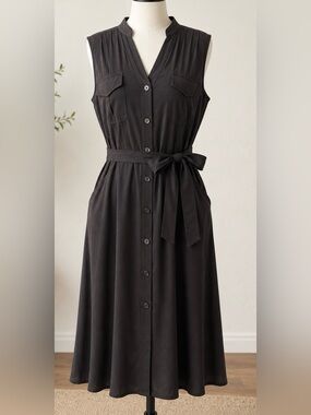 WHBM Black Sleeveless Shirt Dress Belted Midi Pockets Career Chic 14